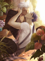 Rule 34 | 2boys, apron, archer (fate), black shirt, blue hair, collarbone, commentary, cu chulainn (fate), earrings, english commentary, fate (series), flower request, gravesecrets, hand on another&#039;s face, jewelry, kiss, leaf, light particles, long hair, male focus, multiple boys, petals, plant, ponytail, potted plant, shirt, short hair, sitting, striped apron, striped clothes, vertical-striped apron, vertical-striped clothes, white hair, white shirt, wooden floor, yaoi