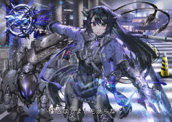 Rule 34 | 1girl, animal ears, black gloves, black hair, bodysuit, breasts, cropped jacket, gloves, holding, holding weapon, jacket, long hair, looking at viewer, mecha, medium breasts, open clothes, open jacket, open mouth, original, ponytail, red eyes, robot, science fiction, solo, very long hair, weapon, yoshimoto (dear life)