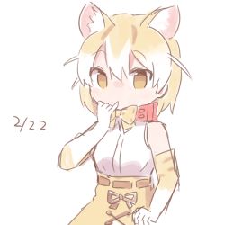 Rule 34 | 10s, 1girl, animal ears, bare shoulders, blonde hair, bow, bowtie, cat (kemono friends), cat day, cat ears, colo (frypan soul), dated, elbow gloves, gloves, kemono friends, looking at viewer, multicolored hair, shirt, short hair, simple background, sketch, sleeveless, sleeveless shirt, solo, upper body, white background, white hair, white shirt