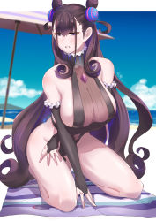 Rule 34 | 1girl, absurdres, bare shoulders, beach, beach umbrella, black one-piece swimsuit, blush, breasts, bridal gauntlets, brown hair, cone hair bun, day, double bun, fate/grand order, fate (series), frills, gem, hair bun, highleg, highleg swimsuit, highres, kneeling, large breasts, long hair, looking at viewer, murasaki shikibu (fate), one-piece swimsuit, parted lips, purple eyes, purple gemstone, shiroi ume, sideboob, solo, swimsuit, thighs, two side up, umbrella, very long hair