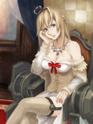 Rule 34 | 10s, 1girl, blonde hair, blue eyes, braid, crossed legs, crown, curtains, dress, flower, french braid, garter straps, hairband, hand on own face, jewelry, kantai collection, lips, long hair, long sleeves, mini crown, necklace, off-shoulder dress, off shoulder, red flower, red ribbon, red rose, ribbon, rose, sitting, solo, thighhighs, throne, venezia (fanfoo), warspite (kancolle), white dress, white thighhighs, window