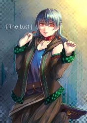 Rule 34 | 1boy, blue hair, changecolor, choker, cross, highres, long hair, looking at viewer, male focus, original, red eyes, solo, standing, trap