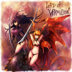 Rule 34 | 2girls, armpits, arms up, ass, blade, breasts, character request, cleavage, demon girl, dual wielding, elbow gloves, fantasy, gloves, head wings, holding, horns, kara (color), large breasts, long hair, lord of vermilion, lord of vermillion, monster girl, multiple girls, orange eyes, pointy ears, purple hair, demon girl, succubus (lord of vermilion), tail, weapon, wings, yellow eyes
