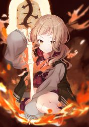 Rule 34 | 1girl, blonde hair, coat, contemporary, eyes visible through hair, fire, hand on ground, highres, hood, hoodie, jacket, long hair, looking at viewer, open clothes, open jacket, orange eyes, padded coat, red riding hood (sinoalice), shoes, shovel, sinoalice, sleeves past wrists, sneakers, solo, thiana0225, tsurime, unzipped
