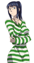 Rule 34 | 1girl, black hair, blunt bangs, breasts, dress, female focus, glasses, jewelry, long hair, long sleeves, looking at viewer, necklace, nico robin, one piece, one piece: strong world, pitecube, ponytail, simple background, solo, striped clothes, striped dress, striped sweater, sweater, sweater dress, white background