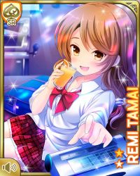 Rule 34 | 1girl, bench, bow, bowtie, brown eyes, brown hair, card (medium), girlfriend (kari), indoors, karaoke, looking at viewer, low twintails, microphone, night, official art, open mouth, plaid, plaid skirt, pleated skirt, qp:flapper, red bow, red skirt, school, school uniform, shirt, sitting, skirt, smile, socks, solo, tagme, tamai remi, twintails, white shirt