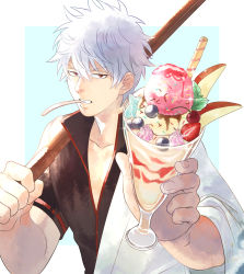 Rule 34 | 1boy, absurdres, blueberry, cherry, desert, dessert, food, fruit, gintama, highres, holding, holding food, kurokiseow, looking at viewer, male focus, mouth hold, parfait, parted lips, red eyes, sakata gintoki, short hair, solo, sparkle, strawberry, sword, upper body, weapon, white hair, wooden sword