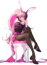 Rule 34 | 1girl, animal ears, artist name, bare shoulders, black bow, black footwear, black hair, black sweater, black thighhighs, blue eyes, blunt bangs, bow, bowtie, chair, dated, fake animal ears, flipped hair, full body, hair bow, heart, heart print, high-waist skirt, iris black games, loafers, long hair, looking at viewer, multicolored hair, off-shoulder sweater, off shoulder, pink bow, pink bowtie, pink hair, pink ribbon, pink skirt, rabbit ears, ribbon, seri sketch, shoes, sidelocks, simple background, sitting, skirt, solo, split-color hair, sweater, tachibana hinano (vtuber), thighhighs, tongue, tongue out, transparent background, twintails, virtual youtuber, vspo!