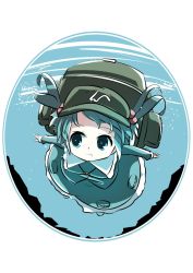 Rule 34 | 1girl, backpack, bag, blue eyes, blue hair, foreshortening, hair bobbles, hair ornament, hat, highres, holding breath, kawashiro nitori, key, mankun, matching hair/eyes, outstretched arms, short hair, solo, spread arms, touhou, two side up, underwater