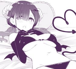 Rule 34 | 1girl, :o, bare shoulders, blush, bra, breasts, curled horns, demon girl, demon tail, demon wings, elbow gloves, gloves, hair ornament, hair over one eye, hairclip, horns, large breasts, long hair, looking at viewer, low twintails, lying, monochrome, navel, nekoume, on back, on bed, open mouth, original, panties, pillow, solo, demon girl, tail, twintails, underwear, underwear only, wings