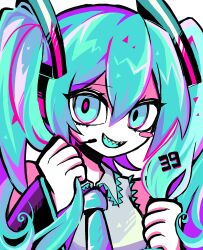 Rule 34 | 1girl, aqua eyes, aqua hair, aqua necktie, bare shoulders, birthday, blush stickers, commentary, detached sleeves, english commentary, grabbing own hair, hair between eyes, hair ornament, hatosabure, hatsune miku, headset, highres, holding, holding own hair, long hair, looking at viewer, necktie, open mouth, sharp teeth, shirt, sleeveless, sleeveless shirt, smile, solo, teeth, twintails, upper body, vocaloid