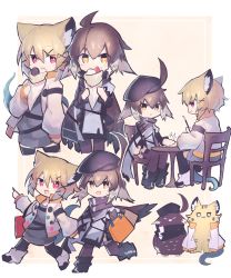 Rule 34 | 2girls, ahoge, animal, animal ear fluff, animal ears, animalization, arknights, bag, beret, black headwear, brown hair, cape, chair, commentary request, crepe, eating, food, full body, gloves, hair between eyes, hat, holding, holding food, long sleeves, multicolored hair, multiple girls, multiple views, no headwear, on chair, open clothes, open mouth, plume (arknights), pur, purple eyes, sasa onigiri, shopping bag, short hair, sitting, smile, sparkle, standing, table, utage (arknights)