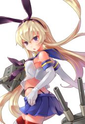 Rule 34 | 10s, 1girl, blonde hair, blue eyes, crop top, crop top overhang, elbow gloves, gloves, hairband, kantai collection, long hair, looking back, midriff, open mouth, rensouhou-chan, sailor collar, shimakaze (kancolle), solo, srx61800, thighhighs, whale tail (clothing)