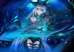 Rule 34 | 1girl, air bubble, arknights, armpits, bare shoulders, black gloves, black headwear, blue theme, breasts, bubble, clothing cutout, detached sleeves, female focus, gloves, highres, holding, holding sword, holding weapon, large breasts, long hair, looking at viewer, magic, molyb, outstretched arm, pants, parted lips, red eyes, shirt, silver hair, skadi (arknights), solo, sword, thigh cutout, very long hair, water, weapon