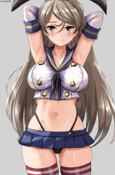 Rule 34 | 1girl, absurdres, arms behind head, arms up, black neckerchief, black panties, blue sailor collar, blue skirt, breasts, conte di cavour (kancolle), cosplay, crop top, elbow gloves, gloves, gluteal fold, grey eyes, highleg, highleg panties, highres, kantai collection, large breasts, light brown hair, long hair, looking at viewer, microskirt, mizuki (uzuki no sato), navel, neckerchief, panties, pleated skirt, sailor collar, shimakaze (kancolle), shimakaze (kancolle) (cosplay), skindentation, skirt, solo, standing, striped clothes, striped thighhighs, thighhighs, thong, two side up, underwear, very long hair, white gloves
