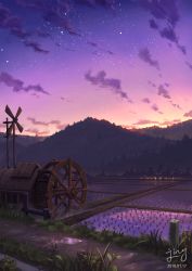 Rule 34 | artist name, building, cloud, commentary request, dated, farm, gradient sky, grass, highres, jing (jiunn1985matw), light, mountain, no humans, original, outdoors, path, plant, rice paddy, road, scenery, signature, sky, star (sky), starry sky, twilight, water, water wheel, windmill