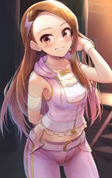 Rule 34 | 1girl, absurdres, bare shoulders, belt, belt buckle, blush, breasts, brown hair, buckle, character name, collarbone, commentary request, drawstring, forehead, grin, hair ornament, hand up, highres, idolmaster, idolmaster (classic), idolmaster million live!, idolmaster million live! theater days, jacket, lightning bolt, lightning bolt hair ornament, lightning bolt symbol, long hair, looking at viewer, minase iori, pants, pink jacket, pink pants, red eyes, shirt, shuucream (syuichi), sleeveless, sleeveless jacket, small breasts, smile, solo, sweatband, very long hair, white belt, white shirt, wristband