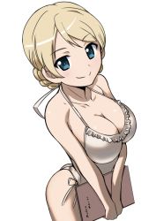 Rule 34 | 10s, 1girl, aegis (nerocc), bikini, blonde hair, blue eyes, braid, breasts, cleavage, closed mouth, collarbone, commentary, darjeeling (girls und panzer), frilled bikini, frills, from side, front-tie bikini top, front-tie top, girls und panzer, halterneck, holding, holding menu, large breasts, looking at viewer, menu, one-piece swimsuit, short hair, side-tie bikini bottom, simple background, smile, solo, standing, swept bangs, swimsuit, thighs, twin braids, white background, white bikini, white one-piece swimsuit