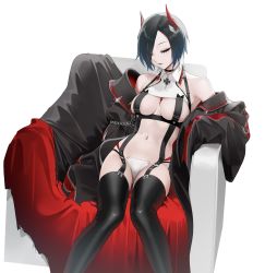 Rule 34 | 1girl, absurdres, azur lane, bare shoulders, black choker, black hair, black jacket, breasts, c-string, choker, closed eyes, closed mouth, commentary request, feet out of frame, garter straps, hair over one eye, highres, horns, jacket, medium breasts, multicolored clothes, multicolored jacket, navel, navel piercing, o-ring, ohisashiburi, open clothes, open jacket, piercing, red jacket, short hair, simple background, sitting, skindentation, solo, strapless bottom, thighhighs, two-tone jacket, ulrich von hutten (azur lane), white background