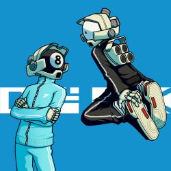 Rule 34 | 2boys, 8-ball, ball, billiard ball, blue background, bomb rush cyberfunk, brothers, crossed arms, cyberhead, cyborg, dot exe, highres, jacket, jetpack, jumping, looking at another, looking up, male focus, multiple boys, nas-o12, pants, shoes, siblings, sneakers, track jacket, track pants, track suit
