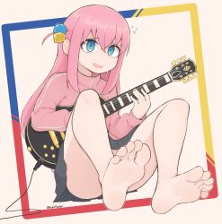 Rule 34 | 1girl, artist name, bare legs, barefoot, blue eyes, bocchi the rock!, cable, cube hair ornament, electric guitar, feet, flying sweatdrops, gotoh hitori, guitar, hair ornament, highres, holding, holding instrument, instrument, jacket, knees up, long hair, open mouth, outside border, pink hair, pink jacket, pleated skirt, sidelocks, simple background, skirt, smile, softhanten, soles, solo, sweat, thighs, toes, track jacket, twitter username