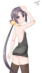 Rule 34 | 1girl, absurdres, akebono (kancolle), alternate costume, artist name, ass, bare back, bare shoulders, black dress, black thighhighs, breasts, closed mouth, cowboy shot, dated, dress, from behind, highres, kantai collection, long hair, looking at viewer, maru (marg0613), one-hour drawing challenge, pointing, pointing down, pointing up, purple eyes, purple hair, simple background, small breasts, smile, solo, thighhighs, very long hair, white background