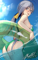 Rule 34 | 1girl, ahoge, ass, bad id, bad twitter id, bikini, blue eyes, blush, breasts, cloud, dated, day, green bikini, grey hair, hair between eyes, hair ribbon, innertube, kantai collection, kiyoshimo (kancolle), long hair, low twintails, one-hour drawing challenge, outdoors, pallad, partially submerged, ribbon, signature, sky, small breasts, solo, swim ring, swimsuit, twintails, very long hair, water, yellow ribbon