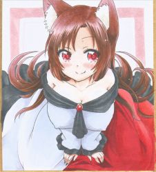 Rule 34 | 1girl, animal ears, breasts, brooch, brown hair, cleavage, dress, covered erect nipples, fang, fingernails, highres, imaizumi kagerou, jewelry, large breasts, long fingernails, long skirt, long sleeves, marker (medium), nail polish, off-shoulder shirt, off shoulder, red eyes, red nails, shikishi, shirt, skirt, solo, touhou, traditional media, v arms, wide sleeves, wolf ears, yuuki chima