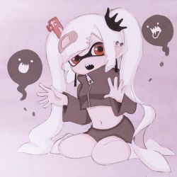 Rule 34 | 1girl, bandage on hair, bandages, clip, crown, earrings, fangs, full body, ghost, grey jacket, grey shorts, hand up, highres, inkling, inkling girl, inkling player character, jacket, jewelry, kurea0399, long hair, looking to the side, m legs, navel, nintendo, on floor, open mouth, orange eyes, short shorts, shorts, simple background, sitting, socks, solo, splatoon (series), twintails, very long hair, white background, white hair, white socks, zipper