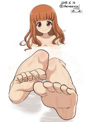 Rule 34 | 10s, 1girl, absurdres, barefoot, bath, bathing, blunt bangs, breasts, breasts apart, closed mouth, collarbone, commentary, dated, feet, foot focus, foreshortening, full body, girls und panzer, highres, long hair, looking at viewer, nude, one-hour drawing challenge, orange eyes, orange hair, shiina excel, smile, soles, solo, submerged, takebe saori, toes, twitter username, watermark, wet, white background