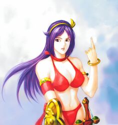 1girl athena_(series) bikini breasts cleavage highres index_finger_raised large_breasts legs long_hair navel official_art open_mouth princess_athena purple_eyes purple_hair red_bikini red_lips shield snk swimsuit sword teeth thighs weapon