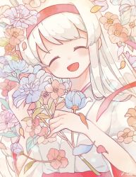 Rule 34 | 1girl, blue flower, blush, closed eyes, flower, hakama, headband, highres, holding, holding flower, japanese clothes, kantai collection, leaf, long hair, nada namie, open mouth, petals, pink flower, red flower, red hakama, shoukaku (kancolle), signature, simple background, solo, upper body, white background, white hair