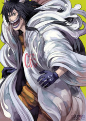 Rule 34 | 10s, 1boy, 2013, black hair, caesar clown, clothes writing, coat, gas, gloves, grin, horns, lab coat, long hair, male focus, monster boy, one piece, open clothes, open coat, punk hazard, signature, smile, solo, supario, yellow background, yellow eyes
