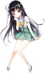 1girl :3 black_hair bow female_focus hair_ornament hairclip highres long_hair looking_at_viewer original plaid_clothes plaid_skirt purple_eyes salt_(salty) school_uniform skirt socks solo white_background white_socks