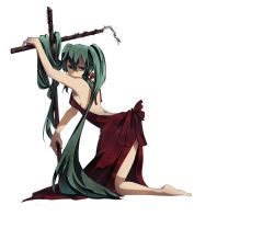 Rule 34 | 1girl, absurdres, bad feet, bad id, bad pixiv id, barefoot, cross, dark, dress, full body, green hair, hatsune miku, highres, kneeling, long hair, red eyes, simple background, solo, transparent background, twintails, very long hair, vocaloid