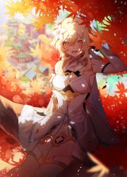Rule 34 | 1girl, absurdres, autumn, autumn leaves, backlighting, bad id, bad pixiv id, bare shoulders, blonde hair, blush, breasts, cleavage, detached sleeves, dress, flower, genshin impact, hair flower, hair ornament, highres, large breasts, leaf, looking at viewer, lumine (genshin impact), maple leaf, medium hair, open mouth, scarf, shade, shotgunman, sidelocks, sitting, smile, solo, thighhighs, thighs, tree, white dress, white scarf, white thighhighs, yellow eyes