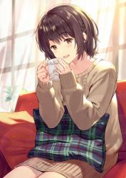 Rule 34 | 1girl, :d, blush, brown dress, brown eyes, brown hair, brown sweater, coffee mug, commentary request, couch, cup, curtains, day, dress, english text, haru (hiyori-kohal), holding, holding cup, indoors, lens flare, long sleeves, looking at viewer, mug, on couch, open mouth, original, pillow, plaid, short hair, sitting, sleeves past wrists, smile, solo, sweater, sweater dress, window