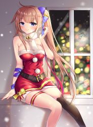 Rule 34 | 1girl, ahoge, arm ribbon, bell, belt, black thighhighs, blue bow, blue eyes, bow, breasts, brown hair, christmas, christmas tree, cleavage, closed mouth, dress, fal (girls&#039; frontline), girls&#039; frontline, hair bow, hair intakes, highres, jingle bell, large breasts, light particles, long hair, looking at viewer, merry christmas, miniskirt, pom pom (clothes), red dress, ribbon, scarf, side ponytail, signature, single thighhigh, skirt, smile, solo, striped, striped bow, thighhighs, white scarf, xes (xes 5377)