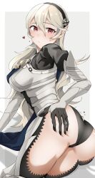 Rule 34 | 1girl, absurdres, armor, armored dress, ass, black hairband, black panties, blush, breastplate, commentary request, corrin (female) (fire emblem), corrin (fire emblem), dress, fire emblem, fire emblem fates, grey hair, hair between eyes, hairband, hand on own ass, heart, highres, long hair, looking at viewer, nintendo, panties, pointy ears, red eyes, shikohatsu, simple background, solo, sweatdrop, underwear, white background