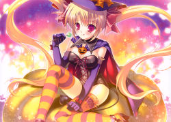 Rule 34 | 1girl, :q, absurdres, blonde hair, blush, breasts, candy, cape, cleavage, covered erect nipples, demon tail, elbow gloves, food, gloves, hair ribbon, halloween, hat, high heels, highres, holding, lollipop, long hair, looking at viewer, medium breasts, mikeou, original, pumpkin, purple eyes, ribbon, scan, shoes, sitting, sitting on object, solo, star (symbol), striped clothes, striped thighhighs, tail, thighhighs, tongue, tongue out, twintails