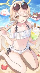 Rule 34 | 1girl, absurdres, barefoot, beach, bikini, black cat, blue archive, blush, cat, commentary request, crab, cup, day, eyewear on head, flat chest, frilled bikini, frills, hair flaps, halo, halterneck, hifumi (blue archive), hifumi (swimsuit) (blue archive), highres, holding, holding cup, holding spoon, innertube, light brown hair, long hair, looking at viewer, low twintails, ocean, off-shoulder bikini, off shoulder, official alternate costume, one eye closed, open mouth, outdoors, peroro (blue archive), ribbon-trimmed bikini, round eyewear, side-tie bikini bottom, sitting, smile, solo, spoon, sweat, swim ring, swimsuit, twintails, utakapen, very long hair, wariza, white bikini, yellow eyes, yellow halo
