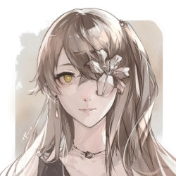 Rule 34 | 1girl, 404 (girls&#039; frontline), closed mouth, earrings, flower, flower over eye, girls&#039; frontline, hair between eyes, hair flower, hair ornament, hair over eyes, hei chuan gui, highres, jewelry, light brown hair, lips, long hair, looking at viewer, necklace, one eye covered, portrait, simple background, solo, ump45 (girls&#039; frontline), upper body, yellow eyes