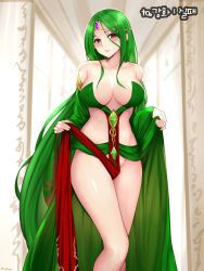 Rule 34 | 00s, 1girl, breasts, clothes lift, covered erect nipples, dress, dungeon and fighter, female gunner (dungeon and fighter), forehead jewel, green dress, green hair, large breasts, long hair, looking at viewer, parted lips, red eyes, shaojiang, solo, very long hair, wide sleeves
