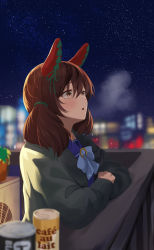 Rule 34 | 1girl, animal ears, balcony, blurry, blurry background, blush, bow, bowtie, breath, brown eyes, brown hair, can, canned coffee, cathy idx, city lights, crossed arms, drink can, ear covers, french text, highres, horse ears, horse girl, horseshoe ornament, jacket, medium hair, nice nature (umamusume), night, plant, potted plant, purple bow, purple bowtie, purple shirt, sailor collar, sailor shirt, school uniform, serafuku, shirt, snowing, solo, tracen school uniform, twintails, umamusume, upper body