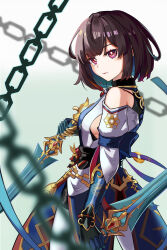 Rule 34 | 1girl, absurdres, bare shoulders, blue dress, blue hair, blurry, blurry foreground, breasts, chain, closed mouth, commentary request, depth of field, dress, dual wielding, from side, gauntlets, gradient background, green background, grey background, highres, holding, holding sword, holding weapon, honkai: star rail, honkai (series), looking at viewer, looking to the side, medium breasts, multicolored hair, purple eyes, shanyouyini, short hair, solo, sword, two-tone hair, weapon, white dress, xueyi (honkai: star rail)