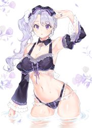 Rule 34 | 1girl, arm up, armpits, bare shoulders, bikini, black bikini, black bow, black collar, black sleeves, blush, bow, center frills, collar, collarbone, commentary request, cpqm, cross, detached collar, detached sleeves, flower, frills, hair between eyes, hair bow, highres, jewelry, layered sleeves, long hair, long sleeves, looking at viewer, navel, original, parted lips, puffy short sleeves, puffy sleeves, purple eyes, purple flower, purple hair, purple ribbon, purple rose, ribbon, ribbon-trimmed bikini, ribbon trim, ring, rose, see-through, short over long sleeves, short sleeves, side ponytail, solo, swimsuit, very long hair, wading, water, wet, white background, wide sleeves