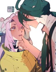 Rule 34 | 2girls, ahoge, blue hair, blush, bow-shaped hair, collared shirt, creatures (company), flying-frappuccino, game freak, green hair, grey shirt, hand on another&#039;s chin, highres, iono (pokemon), jacket, long hair, looking at another, multicolored hair, multiple girls, nintendo, pink eyes, pink hair, pokemon, pokemon sv, ponytail, red eyes, rika (pokemon), shirt, suspenders, teeth, two-tone hair, yellow jacket, yuri