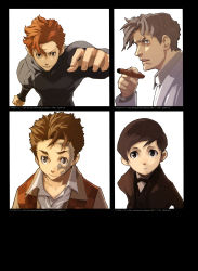 Rule 34 | 00s, 4boys, absurdres, baccano!, black background, black hair, brown eyes, brown hair, cigarette, claire stanfield, coat, czeslaw meyer, enami katsumi, grey hair, highres, jacuzzi splot, ladd russo, long sleeves, looking up, male focus, multiple boys, necktie, official art, open mouth, scan, shirt, short hair, simple background, smoking, tattoo, teeth, vest