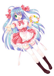 Rule 34 | 1girl, ;d, ahoge, blue hair, boots, breasts, cross-laced footwear, dutch angle, flower, frilled thighhighs, frills, full body, green eyes, holding, lace-up boots, long hair, looking at viewer, maid, maid headdress, one eye closed, open mouth, original, reaching, rico (pico-ba), smile, solo, thighhighs, two side up, white background, white thighhighs, wreath, zettai ryouiki