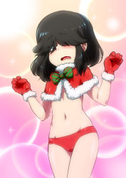 Rule 34 | 1girl, absurdres, bad id, bad pixiv id, black hair, blue eyes, blush, bow, bowtie, christmas, frown, gloves, gradient background, hair over one eye, highres, jcm2, lucy loud, open mouth, panties, pink background, red panties, revealing clothes, solo, stomach, striped bow, striped bowtie, striped clothes, the loud house, underwear